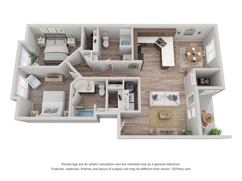 Floor plan for 2 beds, 2 baths, 1125 sqft